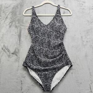 Speedo Swimsuit Womens 12 Black White One Piece Side Ruched Built-in Molded Cups